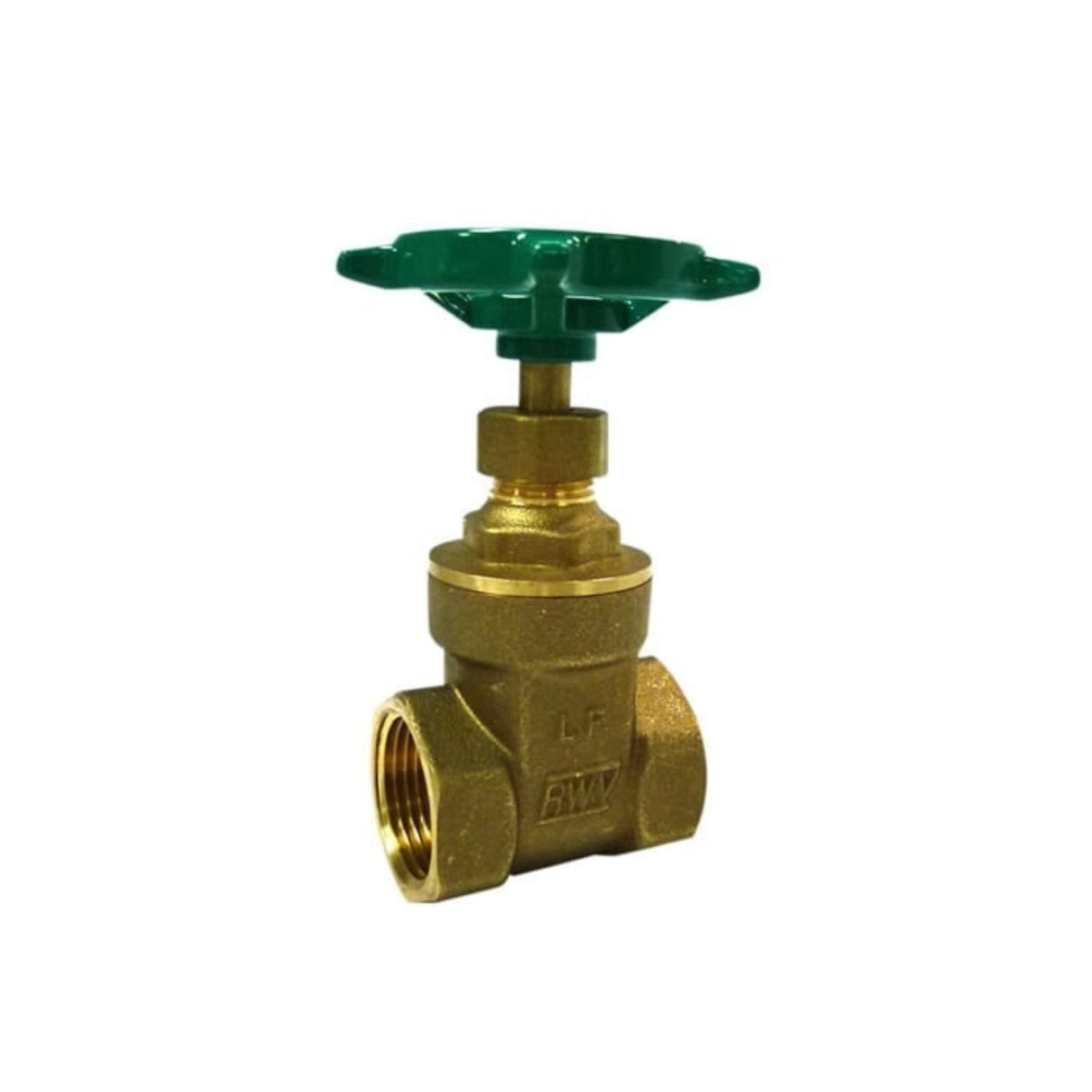 Lead free threaded gate valve with FNPT connections, featuring a green handwheel for easy operation.