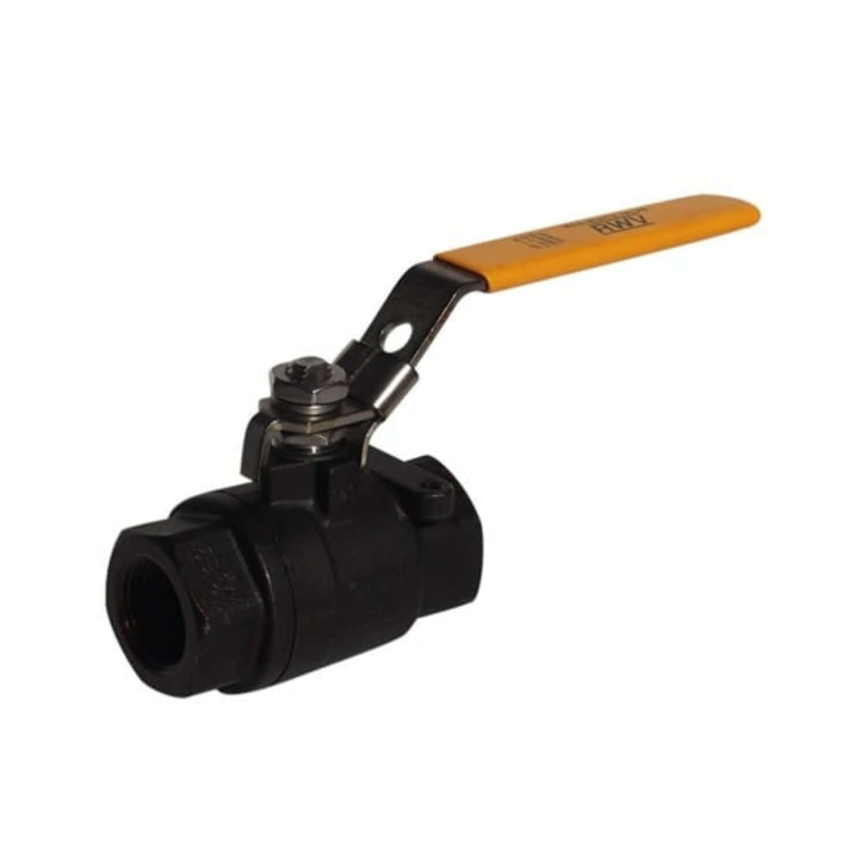 Carbon steel ball valve from the 7770 series with FNPT connections and a yellow lever handle for easy operation.