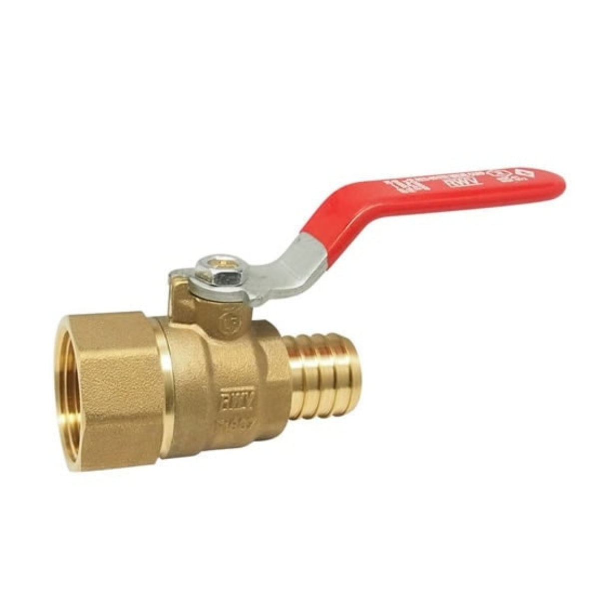 Hydronic PEX ball valve with barb and FNPT connections, featuring a red lever handle for easy operation.