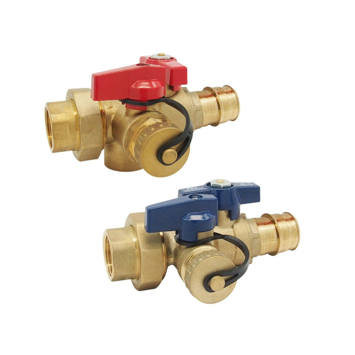 Tankless water heater valve kit featuring PEX x FNPT connections, includes two brass valves with red and blue handles.