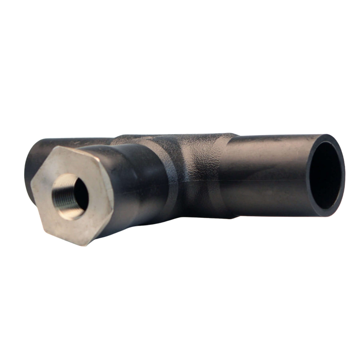 HDPE standard tee with reducing transition and threaded reducer for underground utility applications.