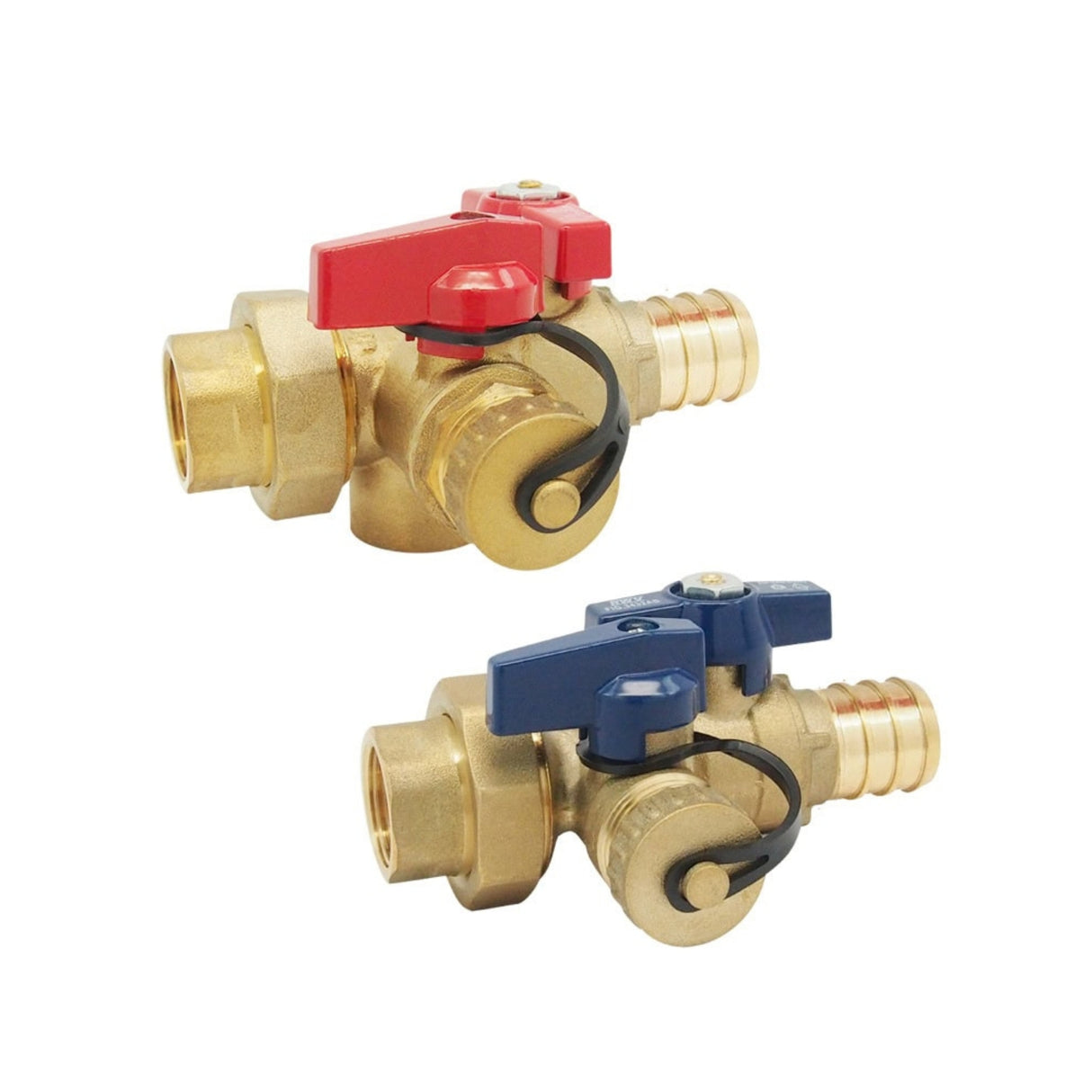 Tankless water heater valve kit featuring PEX x FNPT connections with red and blue lever handles for easy operation.