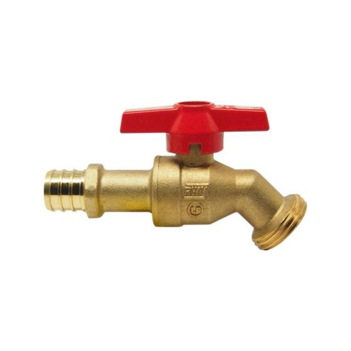 Lead-free hose bibb valve with a red handle, designed for PEX connections and standard hose fittings.