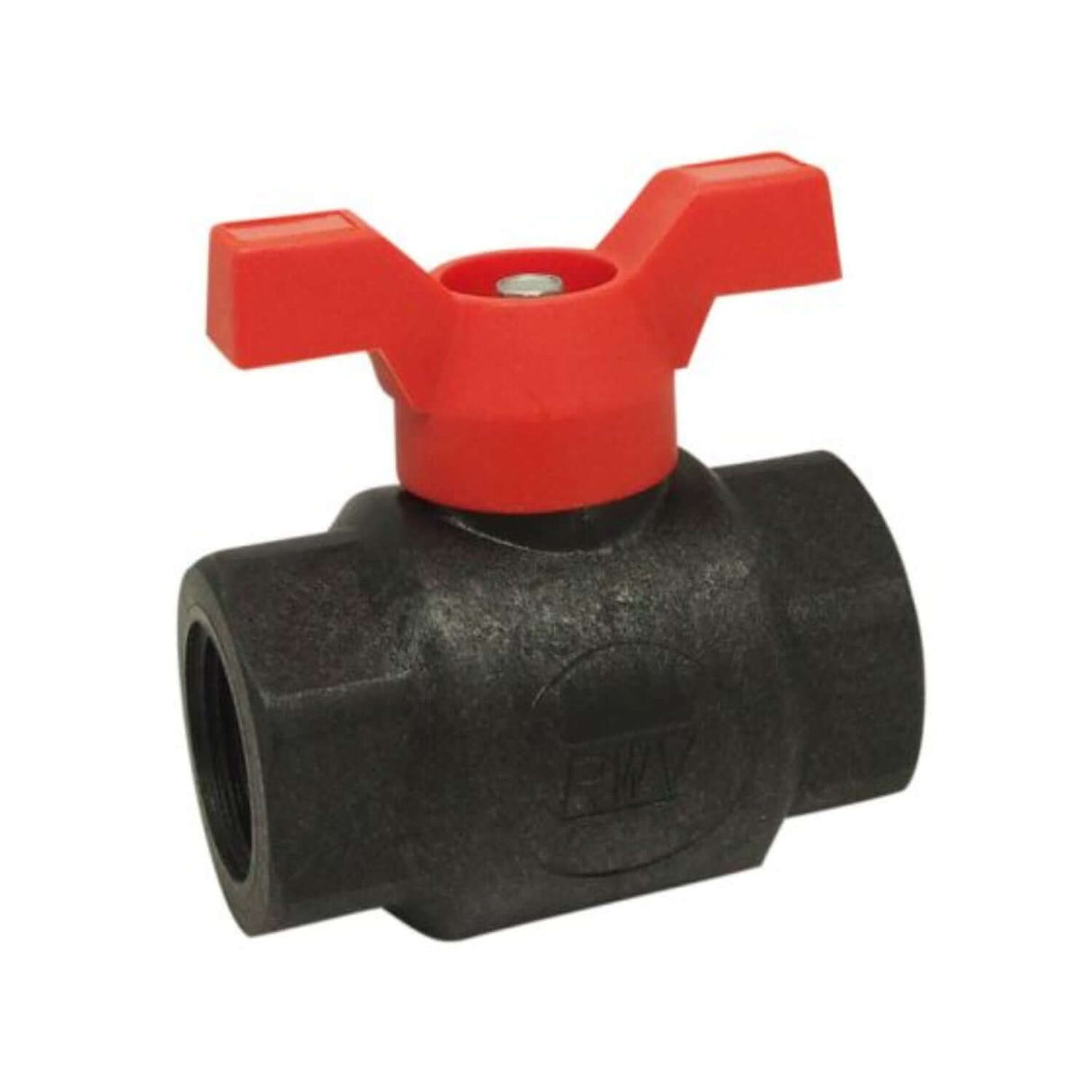 Polypropylene ball valve with a red handle and threaded FNPT connections for reliable fluid control in utility applications.