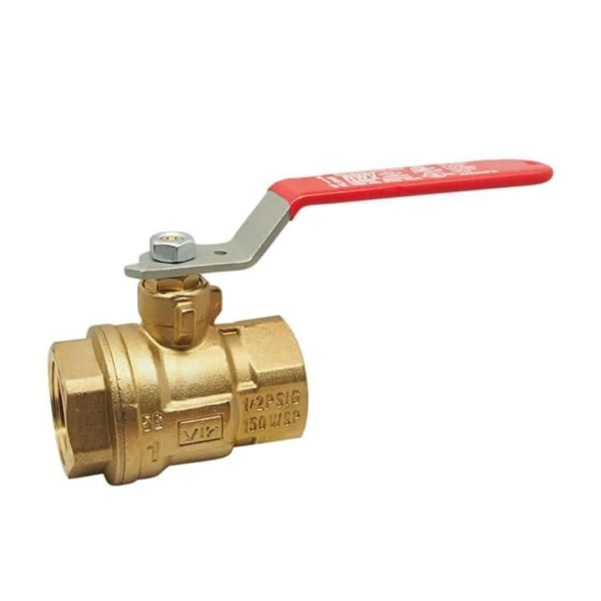 Brass full port ball valve with FNPT connections and a red lever handle for easy operation. Ideal for fluid control.