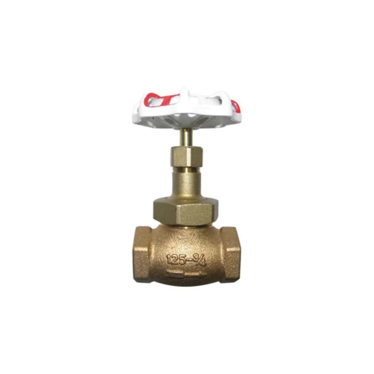 Bronze threaded globe valve with a white handwheel and threaded ends for efficient flow control in piping systems.