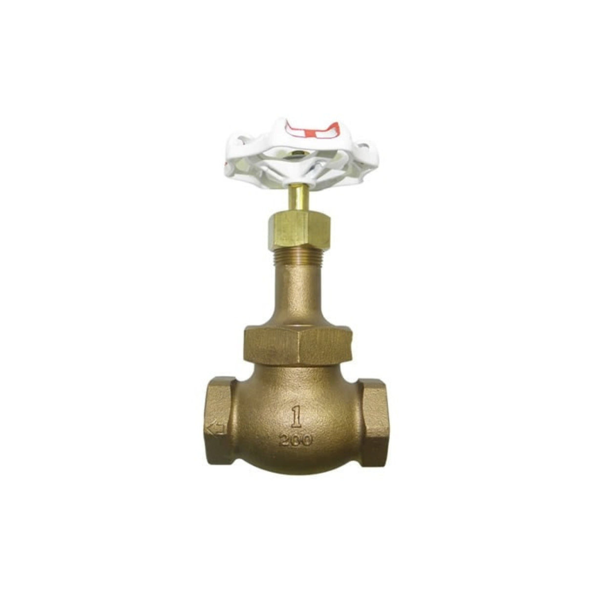 Bronze threaded globe valve with a white handwheel and threaded ends, designed for efficient flow control.