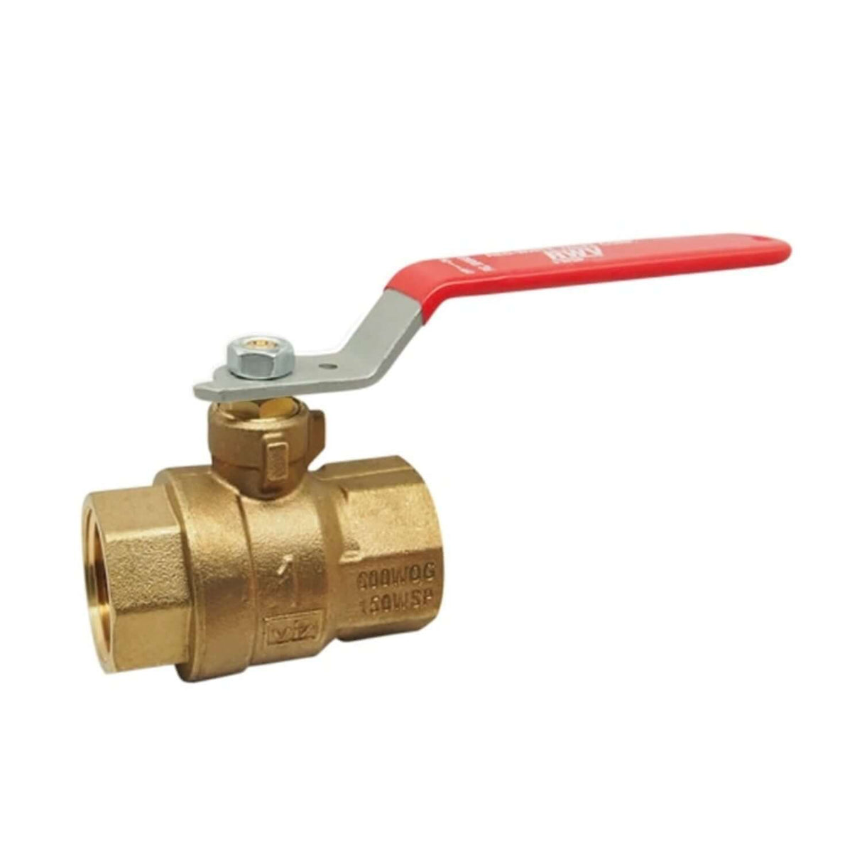 Brass full port ball valve with FNPT connections and a red lever handle for easy operation and flow control.