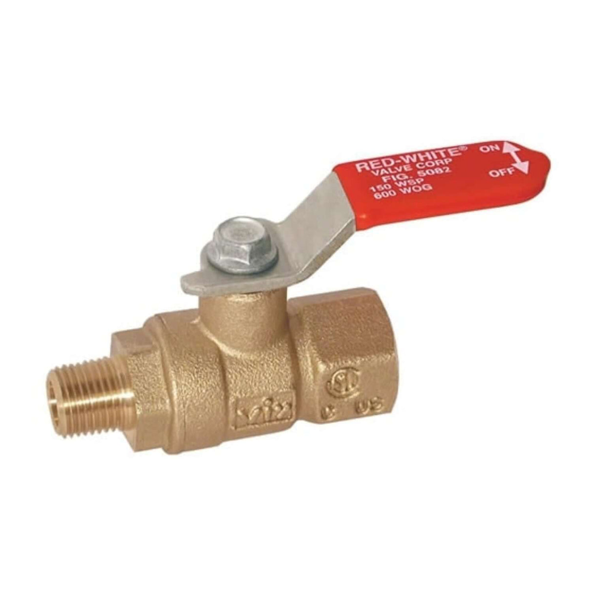 Brass mini ball valve with FNPT and MNPT connections, featuring a red lever for easy operation. Ideal for utility applications.