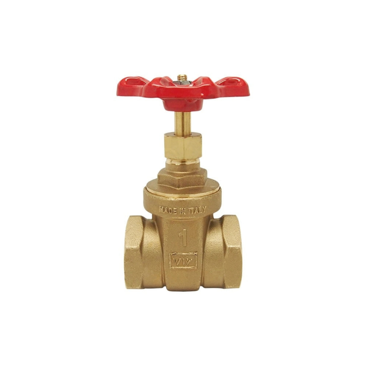 Brass threaded gate valve with red handle, FNPT x FNPT connection, rated for 200 PSI, Series 206F.