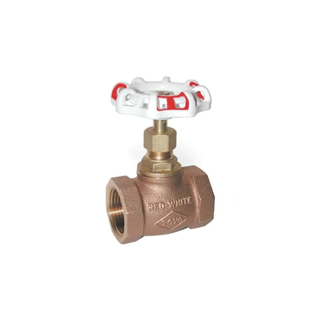 Bronze threaded globe valve with a white and red handwheel, rated for 100SWP and 150WOG applications.