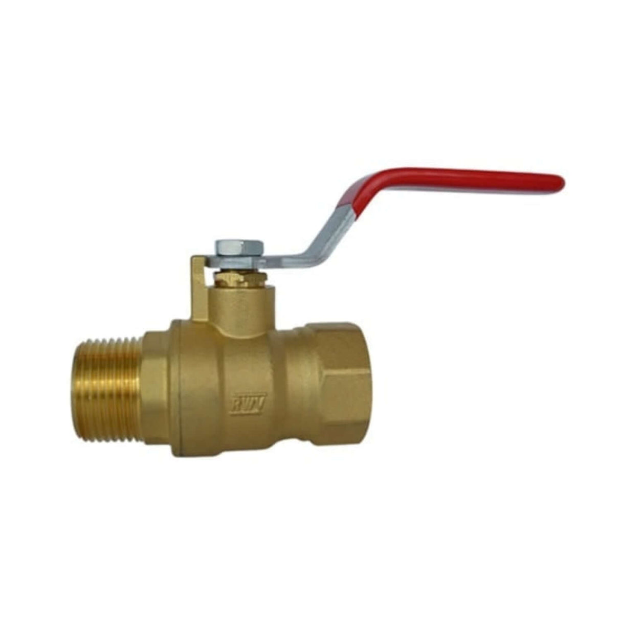 Brass ball valve with male and female threaded ends and a red lever handle for easy operation.