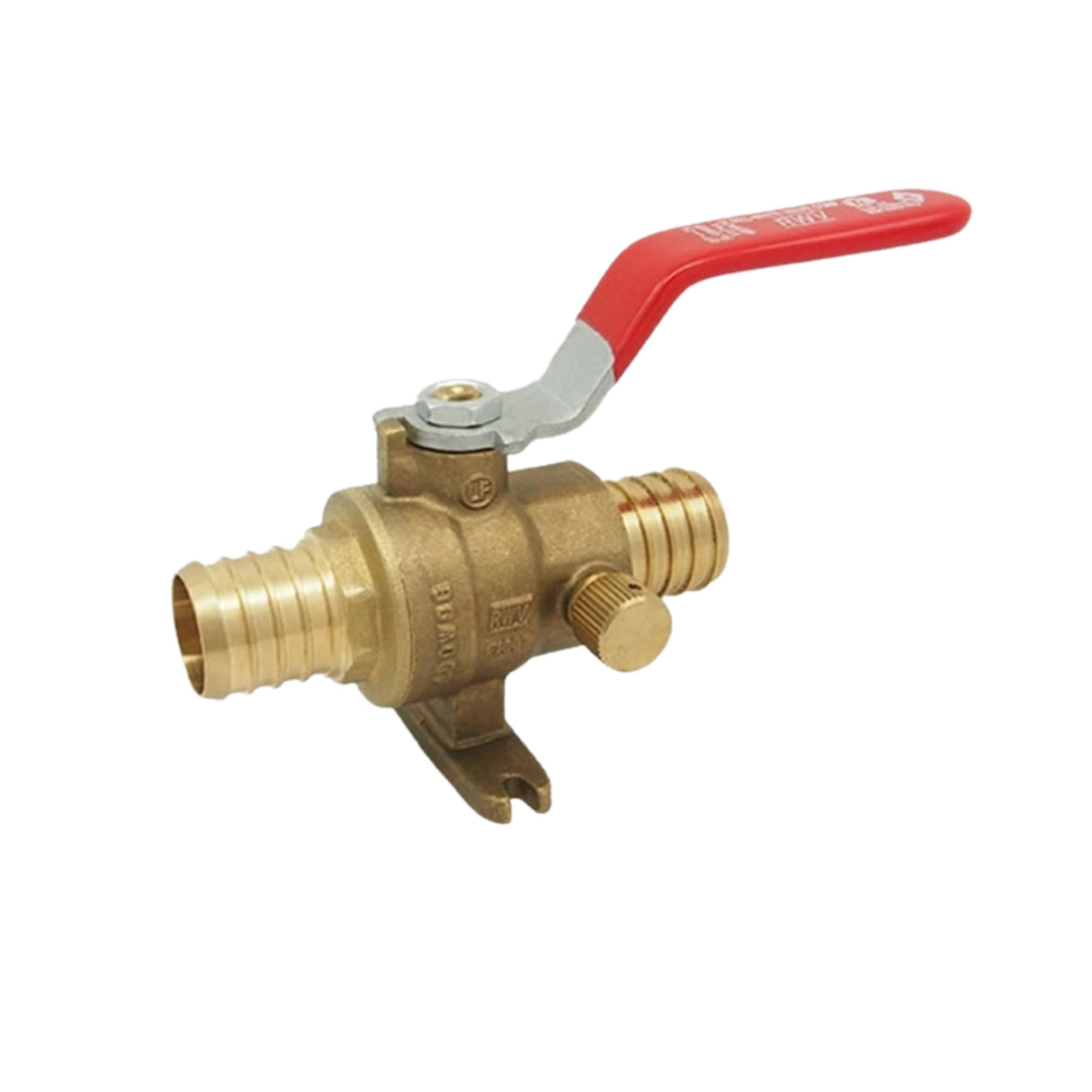 PEX ball valve with drain and mounting foot, featuring barb connections for secure plumbing installations.