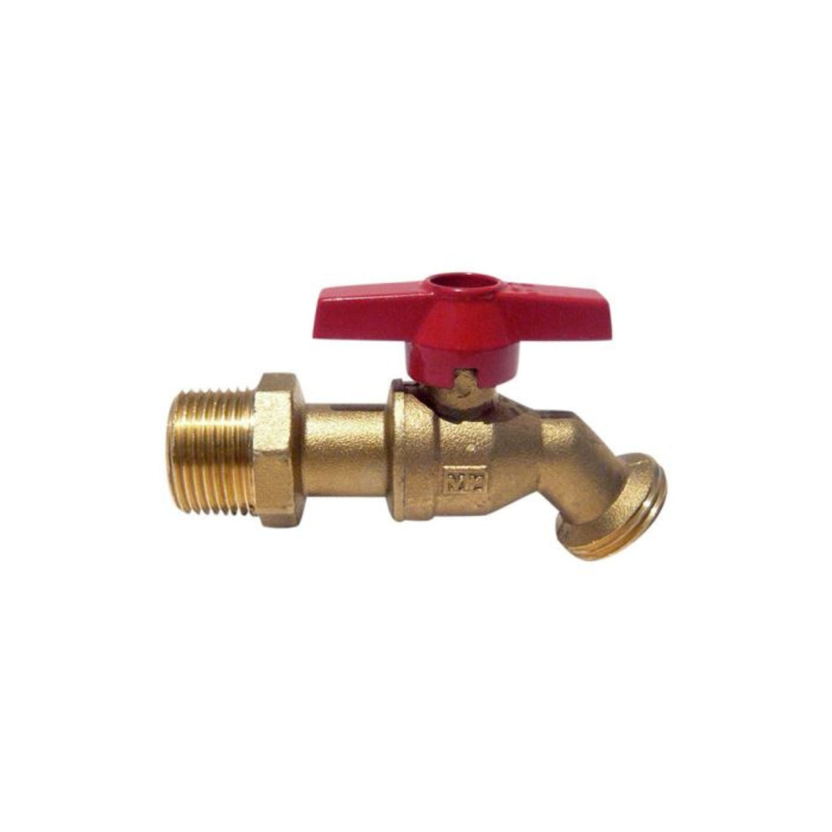 Brass ball valve hose bibb with chrome plating, MNPT x hose end, and red handle for easy operation.