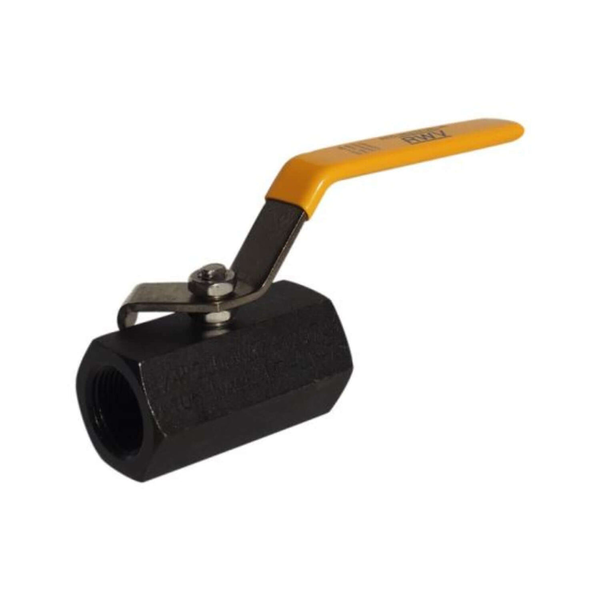 Carbon steel ball valve from the 7550 series with threaded ends and a yellow lever handle for easy operation.