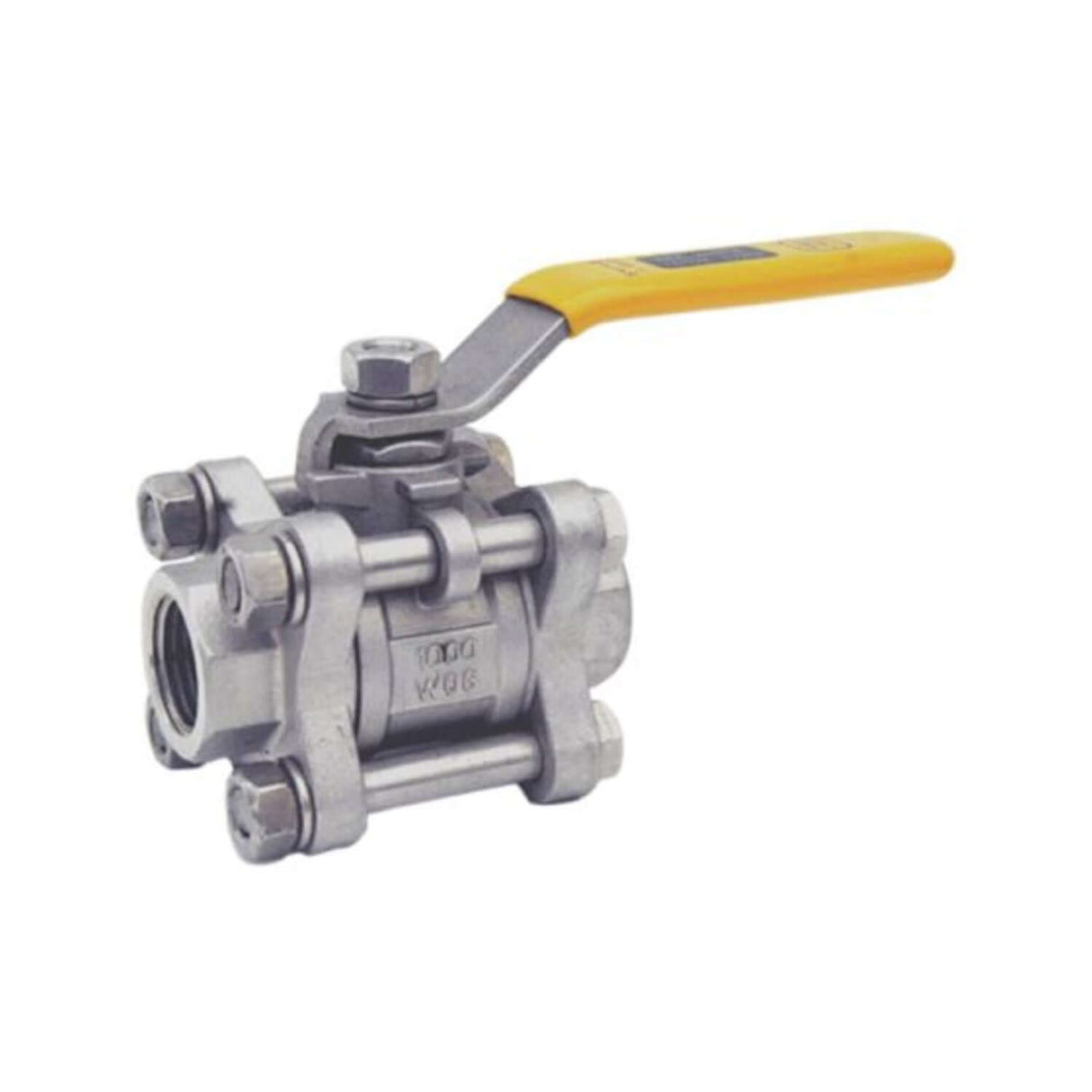 Stainless steel full port ball valve with threaded ends and a yellow lever handle for easy operation.