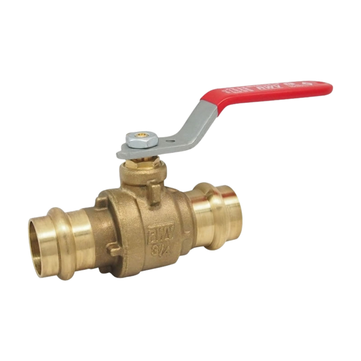 Brass hydronic press ball valve with a red lever handle, designed for press x press connections in plumbing systems.