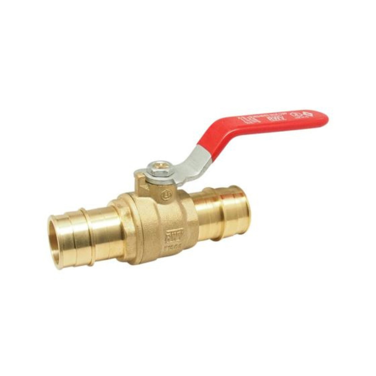 Hydronic PEX ball valve from the 5015AB series with barb connections and a red lever for easy operation.