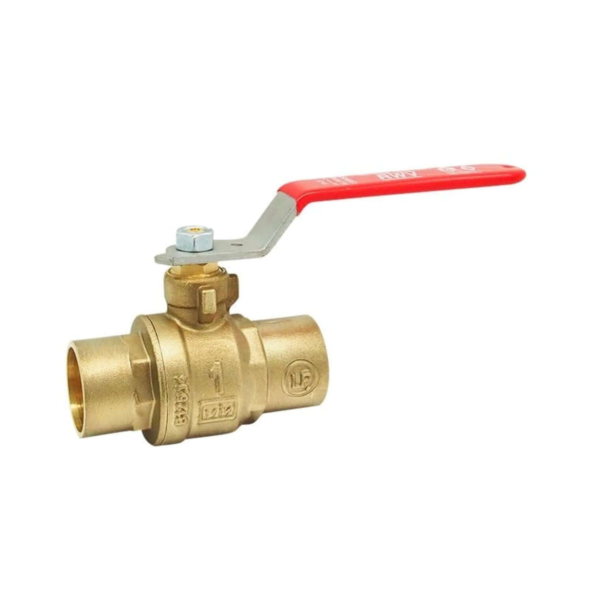 Full port brass ball valve with solder connections, featuring a red handle for easy operation and durable construction.