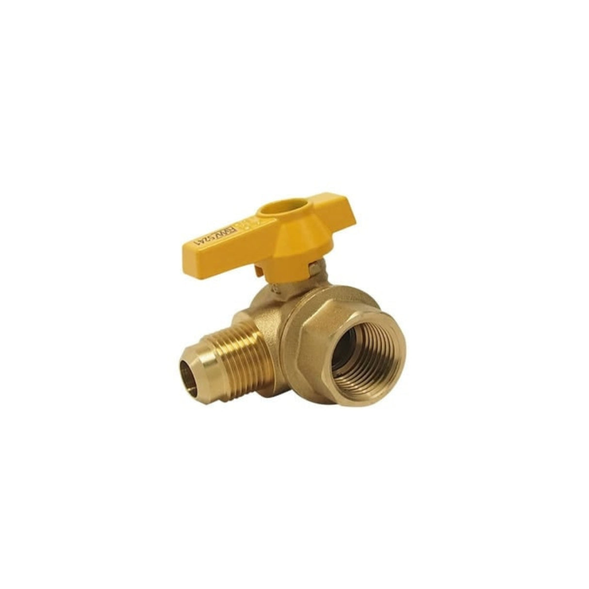 Brass gas ball valve with flare connections, 175 PSI rating, and chrome plating for durability and corrosion resistance.