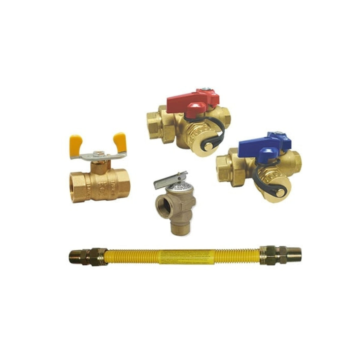 Tankless water heater valve kit featuring PEX x FNPT connections, including brass valves and a flexible connector.