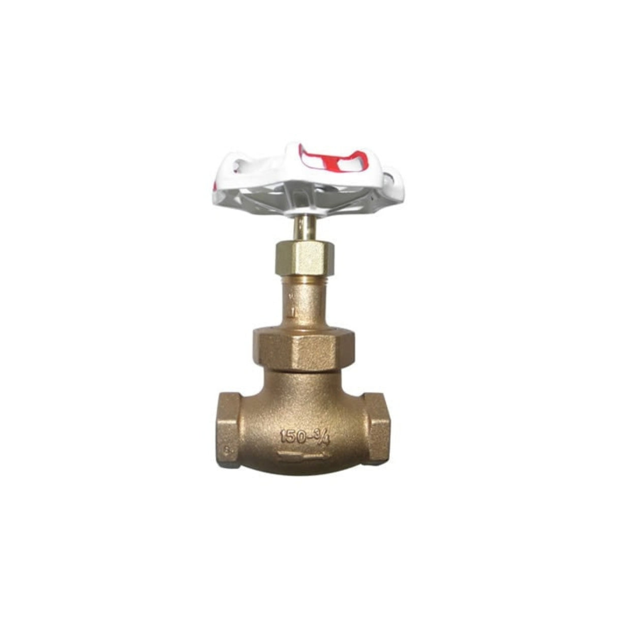 Bronze threaded globe valve with a white handle and threaded ends, designed for efficient flow control in piping systems.