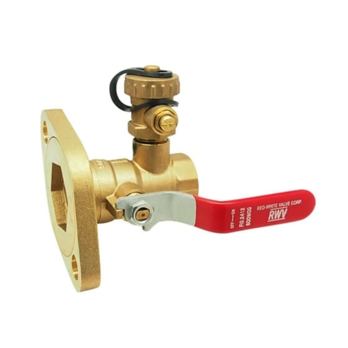 Hydronic flanged ball valve 2412 series with FNPT x flange connection and drain feature for efficient water flow control.