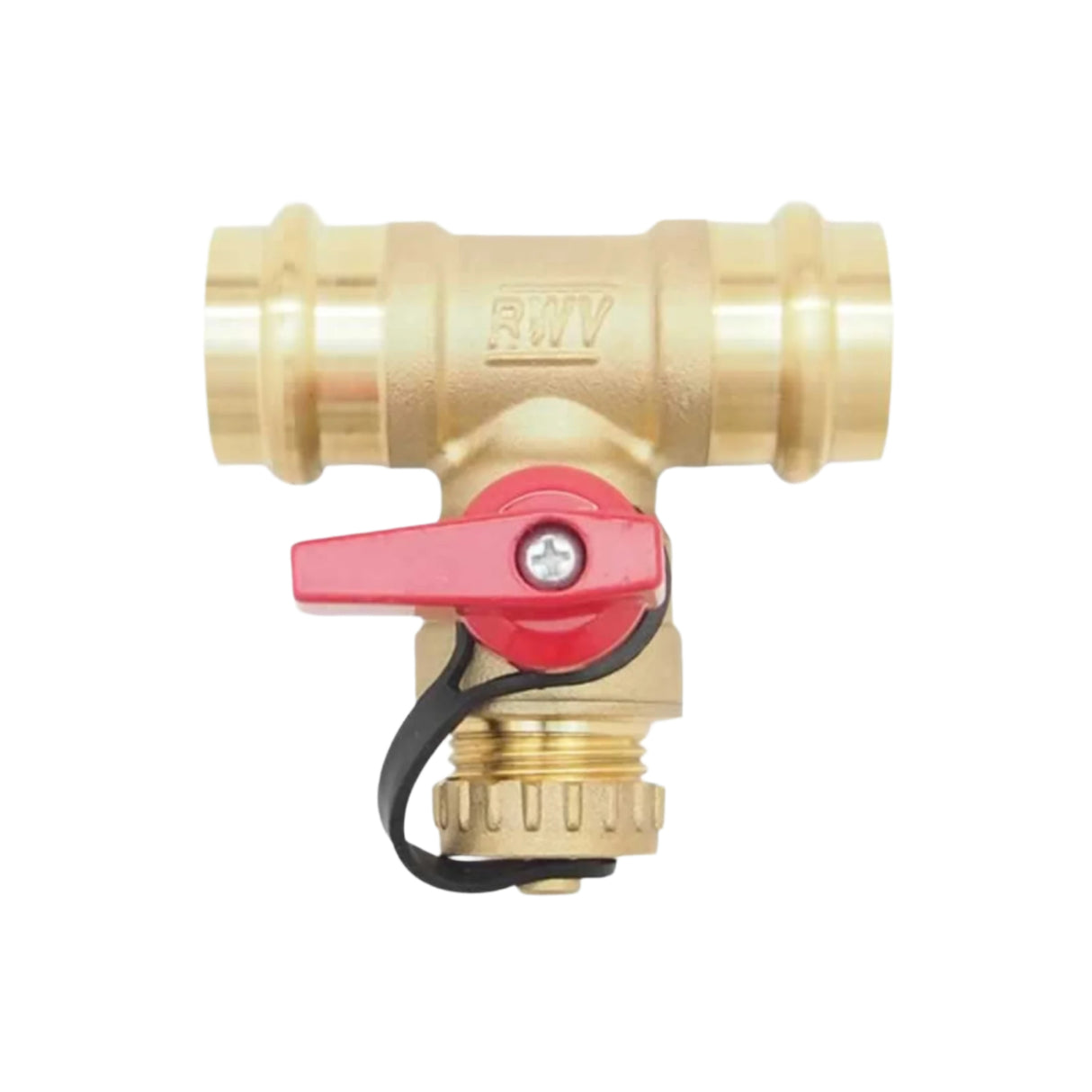 Hydronic Tee Drain Valve 8040P Series with press connections and a red handle for easy operation. Ideal for plumbing systems.