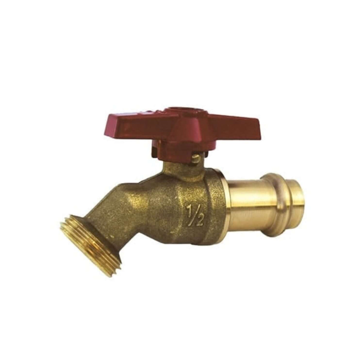 Lead-free hose bibb with a red handle, designed for easy connection and no-kink hose use. Ideal for outdoor water access.