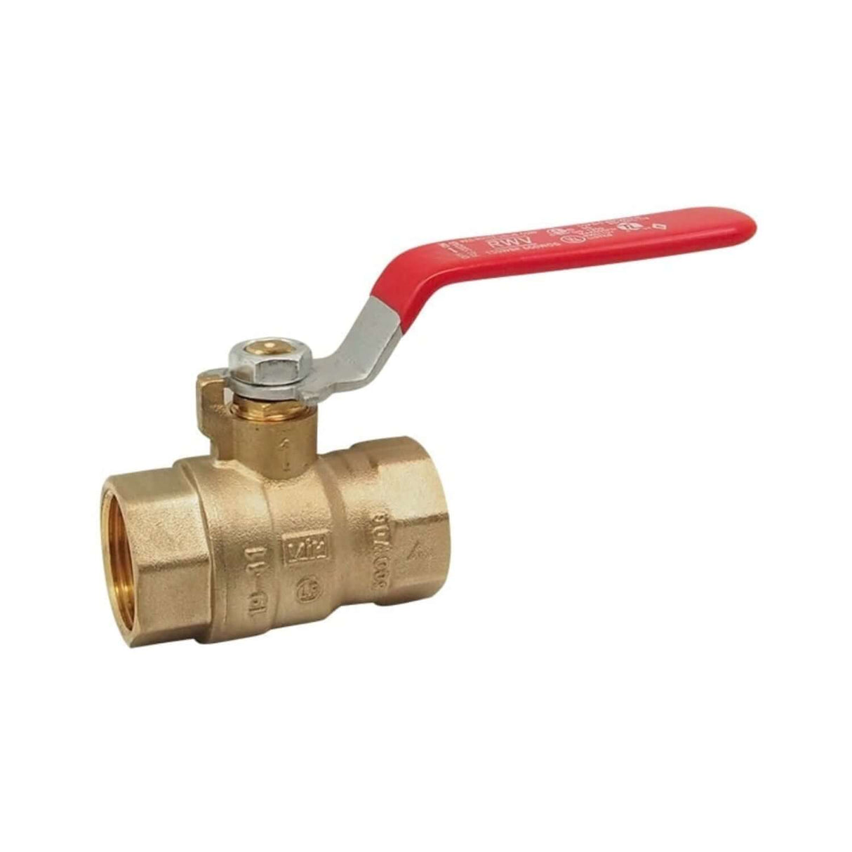 Hydronic full port ball valve with FNPT connections, featuring a red handle for easy operation and durable brass construction.