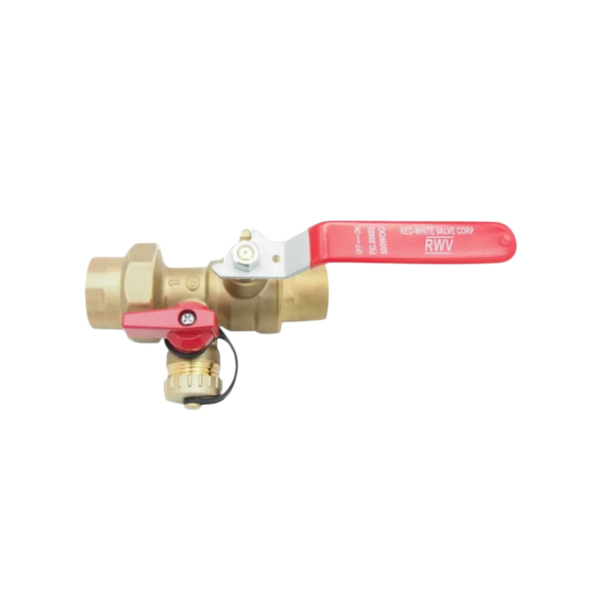 Union ball valve with hose drain featuring a solder x FNPT connection and a red lever for easy operation.