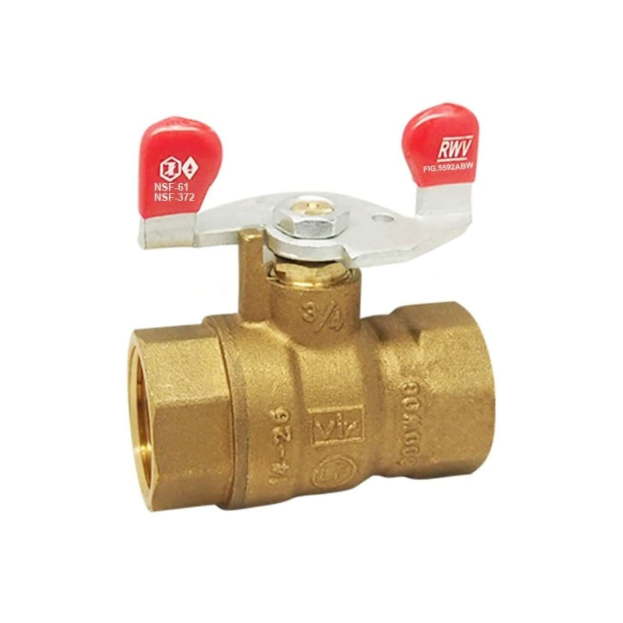 Lead-free brass ball valve with FNPT connections and a red wing handle for easy operation, part of the 5592ABW series.