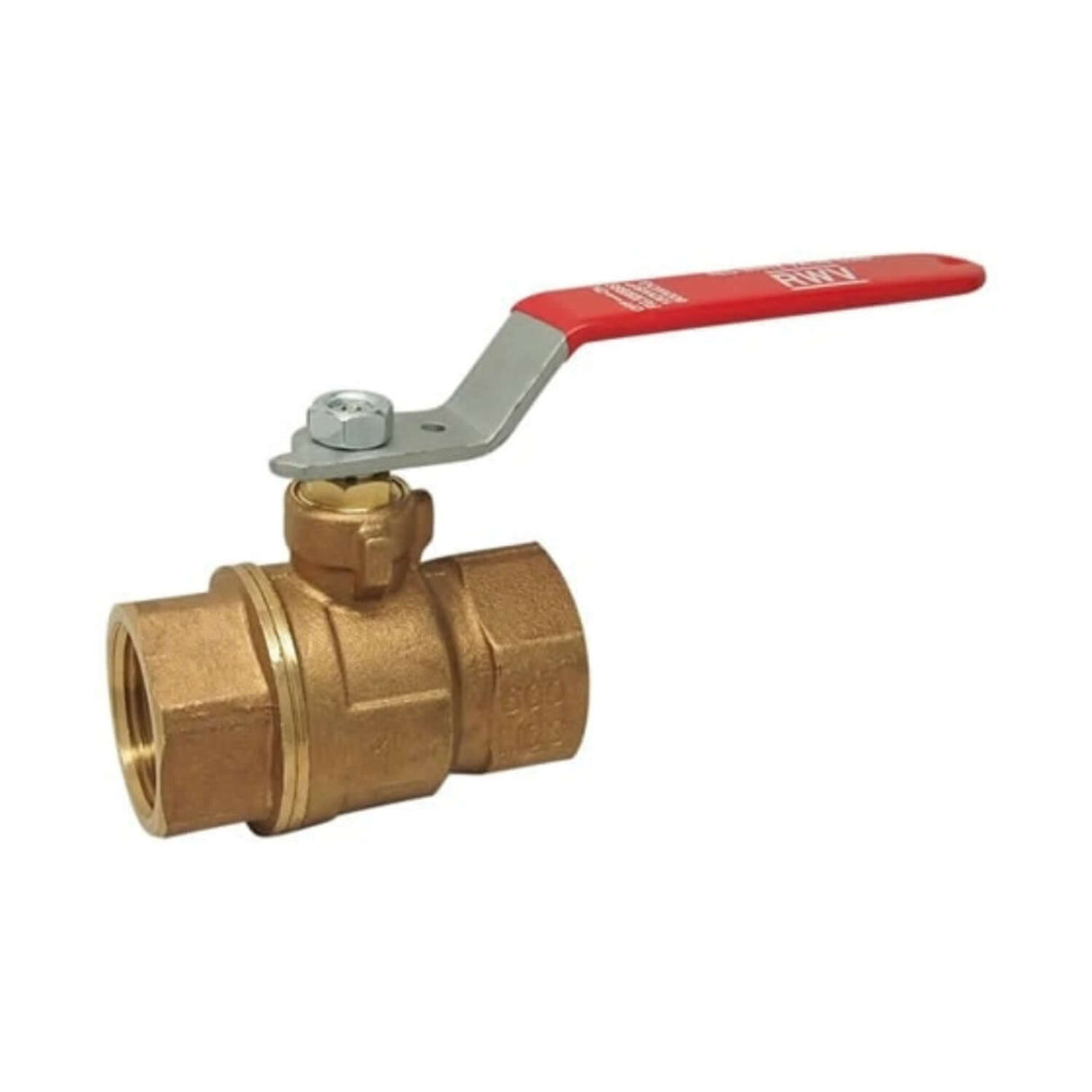 Bronze full port ball valve with FNPT connections and a red handle for easy operation. Ideal for fluid control.