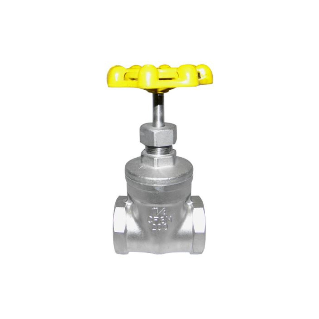 Stainless steel gate valve with threaded ends and solid disc, featuring a yellow handwheel for easy operation.