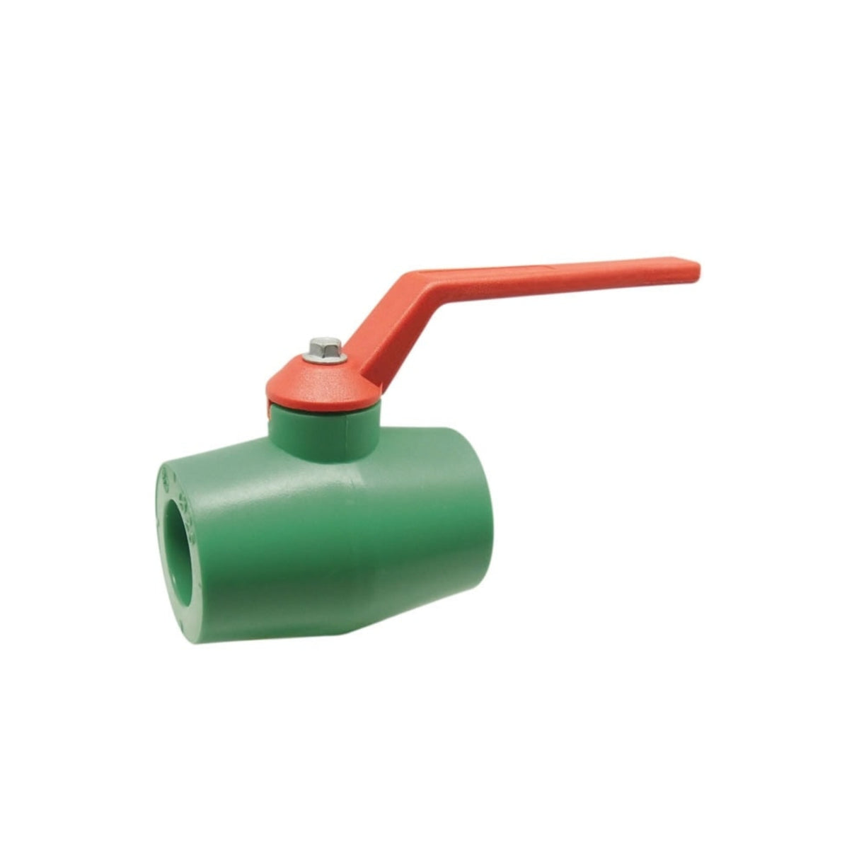 PP-RCT ball valve from the 1501PAB series with a green body and red handle for lead-free brass connections.