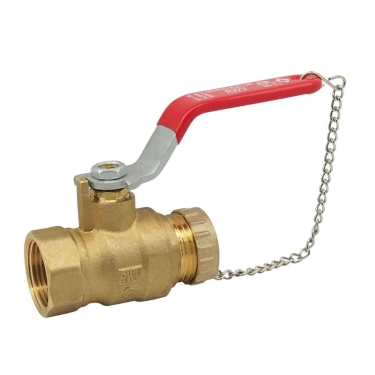 Hose end ball valve from the 5586AB series with FNPT connection and a red lever handle for easy operation.