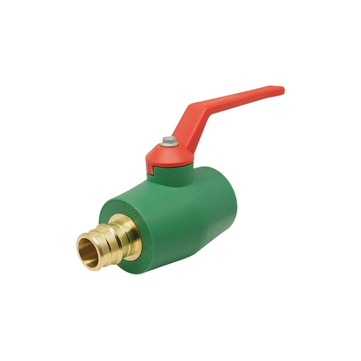 PP-RCT ball valve with polyfusion x barb connection, featuring lead-free brass and a red handle for easy operation.