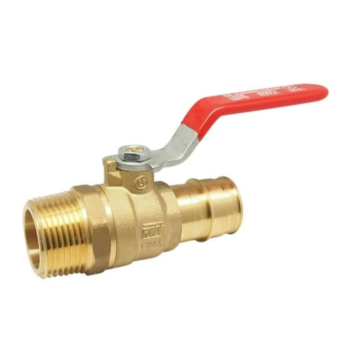 PEX x MNPT brass ball valve with a red lever handle, designed for full port flow in plumbing applications.