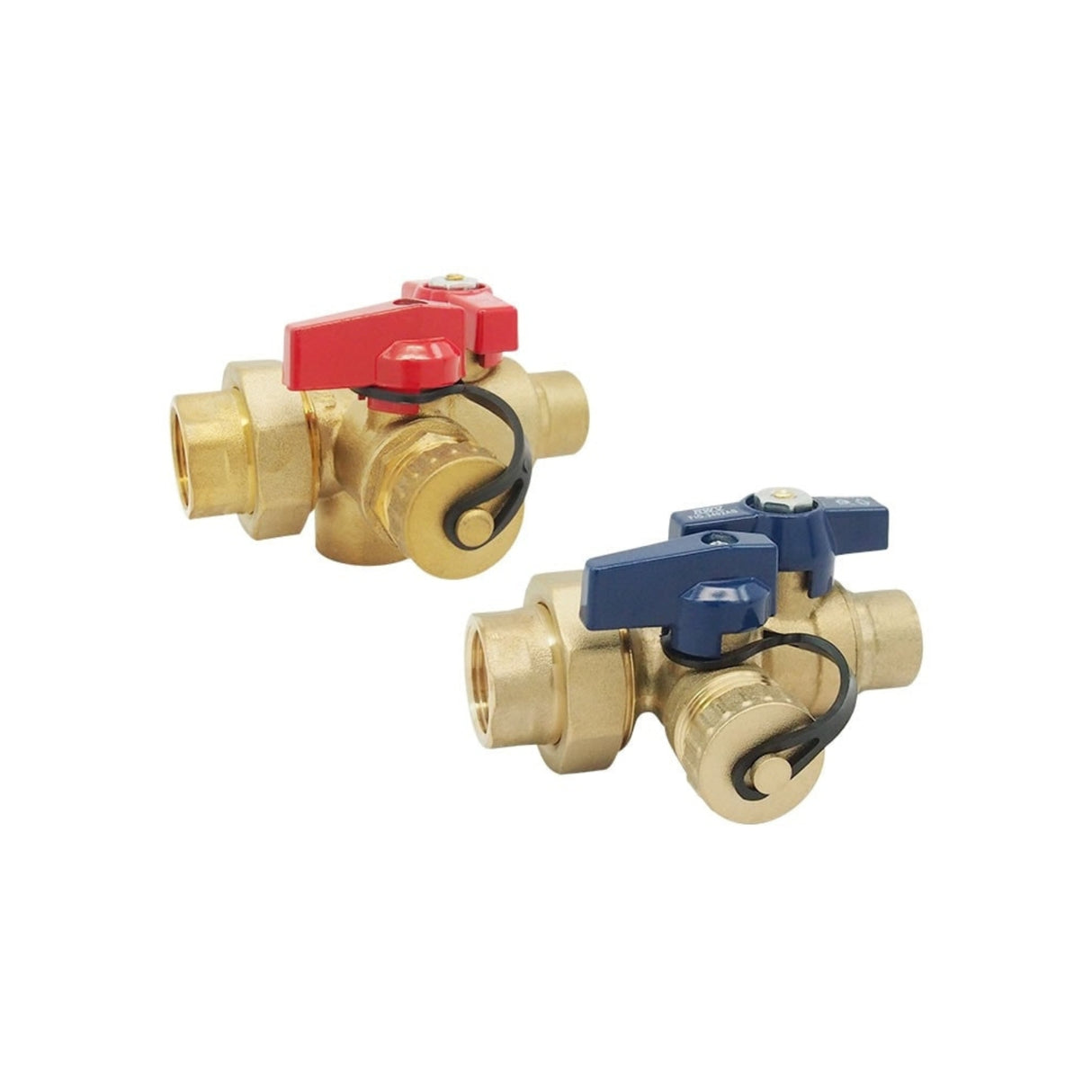 Tankless water heater isolation valve kit featuring standard body design with FNPT connections in red and blue.
