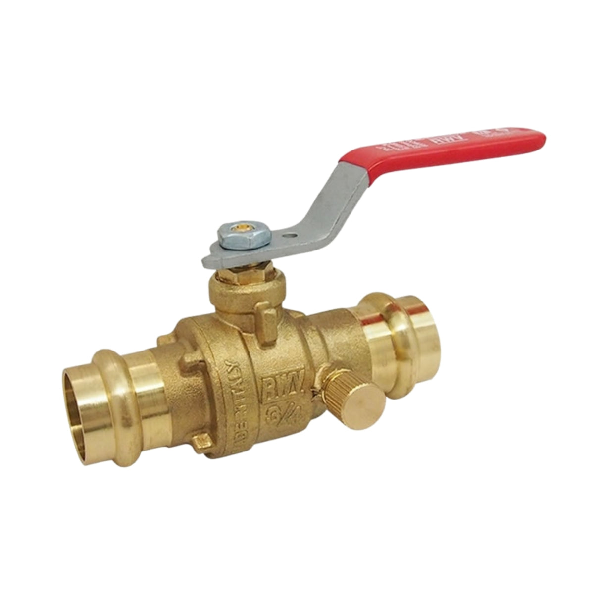 Hydronic ball valve with drain from the 5020ABD series, featuring press x press connections and a red handle.