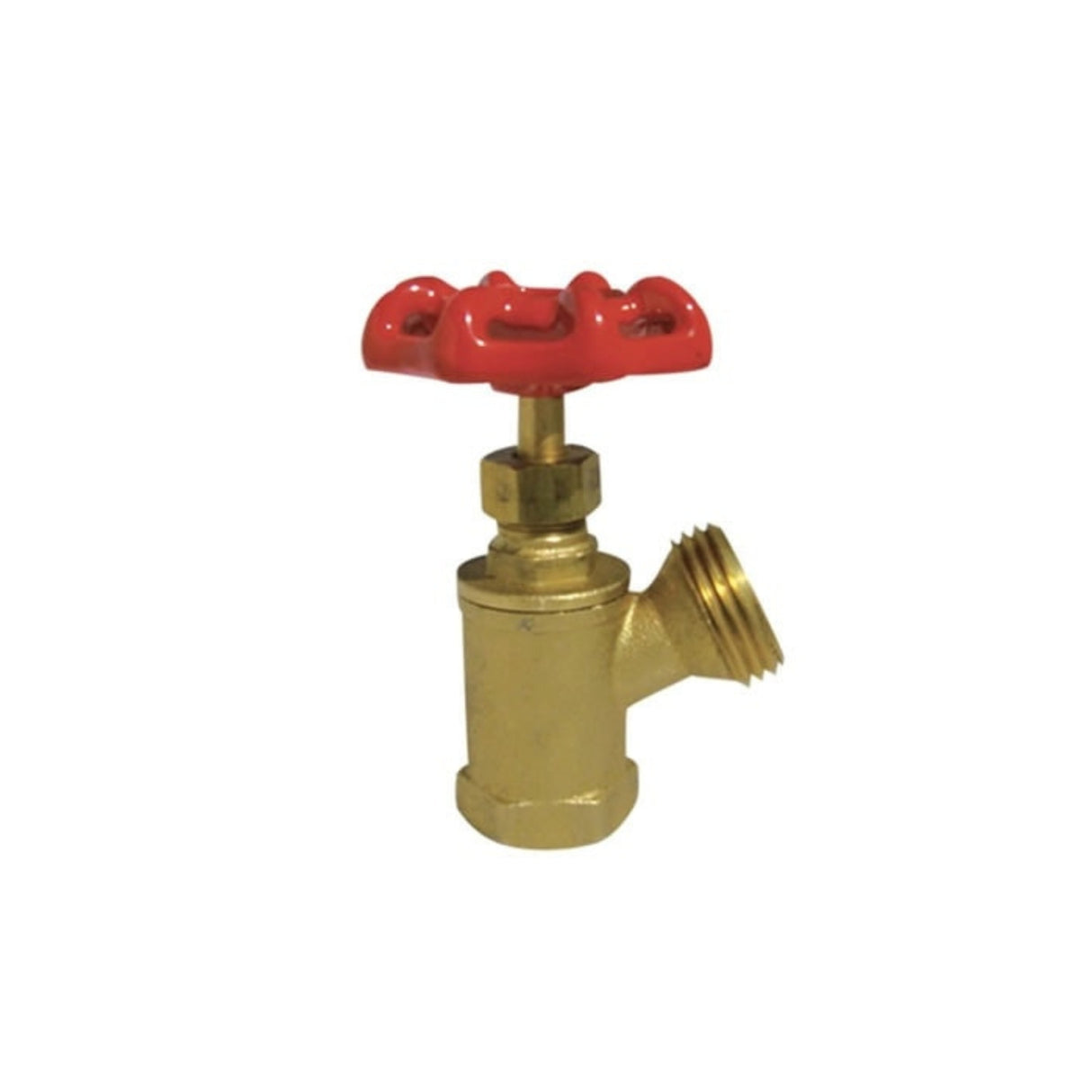 Brass boiler drain valve with FNPT and hose connection, featuring a red handle for easy operation.