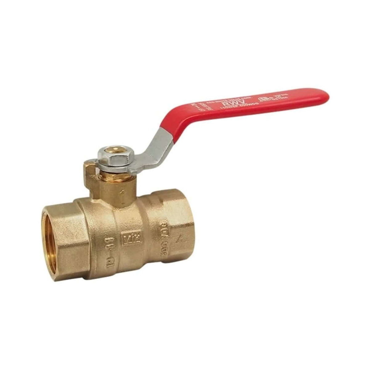 Brass full port ball valve with FNPT connections and a red lever handle for easy operation. Ideal for utility applications.