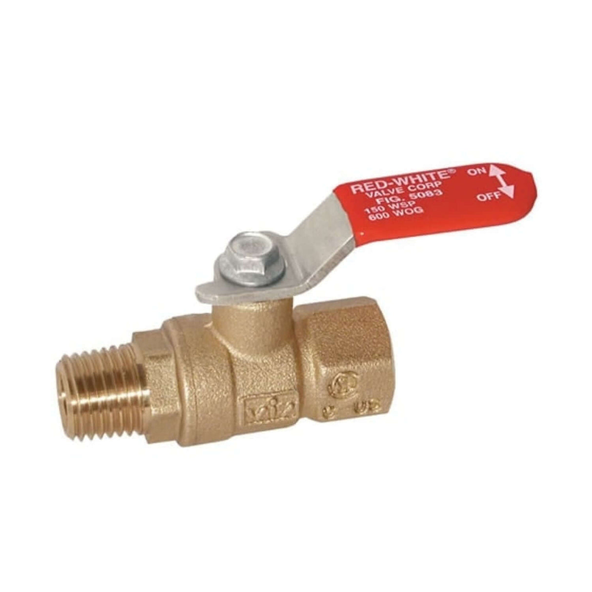 Mini ball valve 5083 series with FNPT x MNPT brass connections and a red handle indicating on/off position.