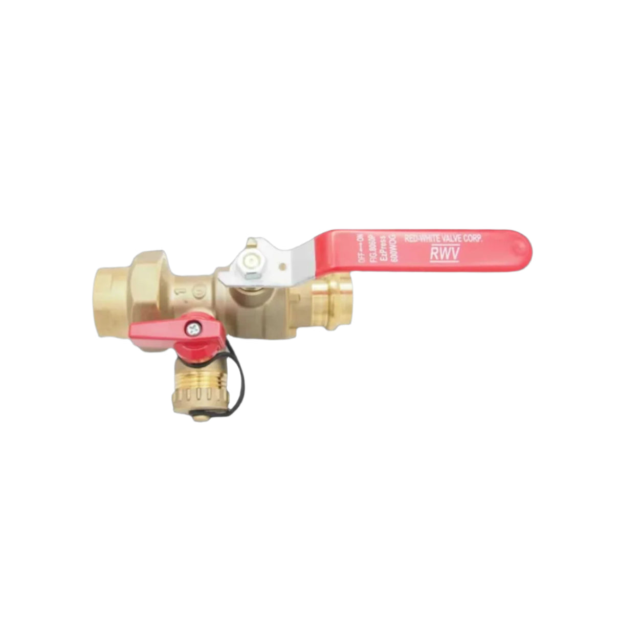 Union ball valve 8060P series with press x FNPT connection, featuring a red handle for easy operation.