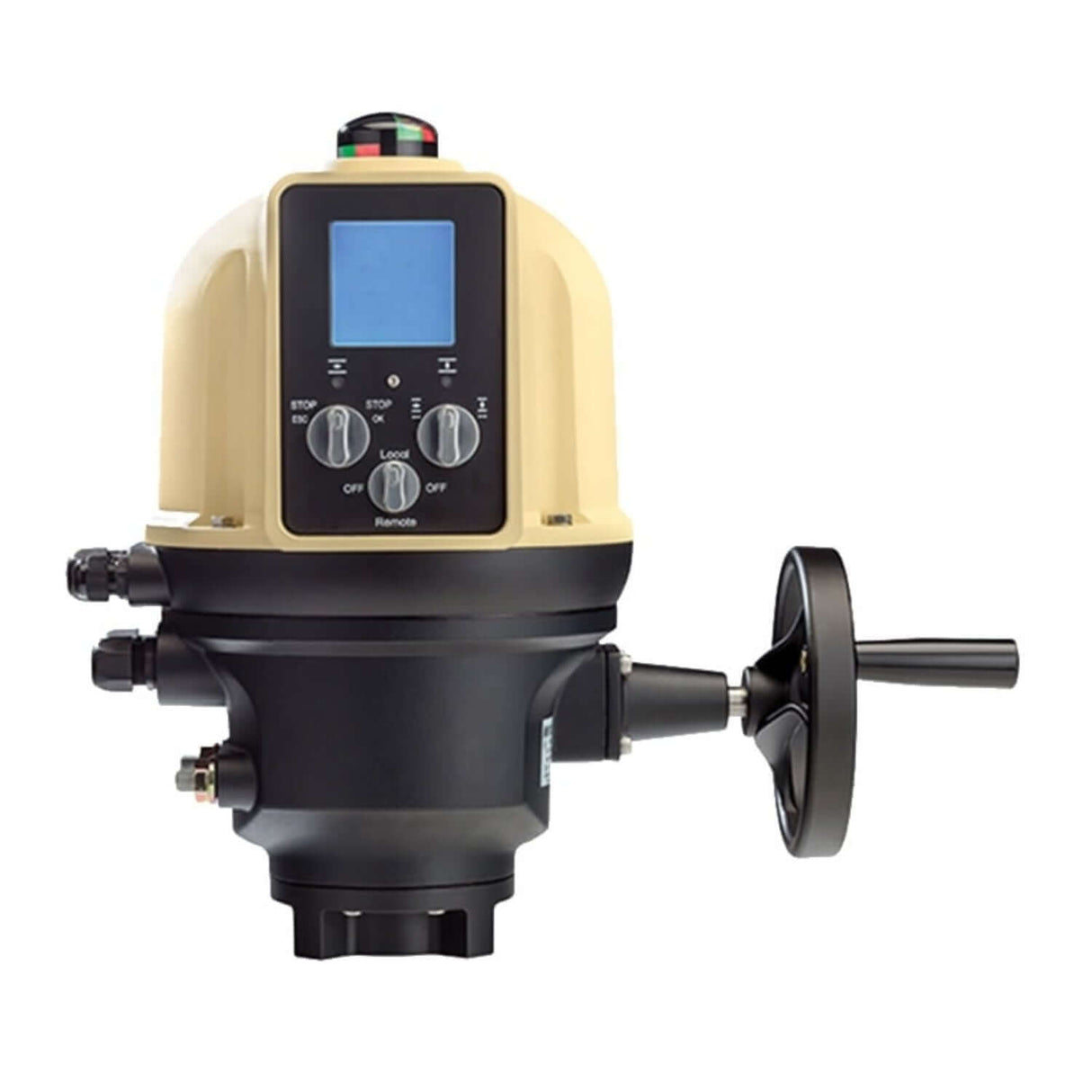 Modulating electric actuator for butterfly valves, featuring a digital display and manual override handle.