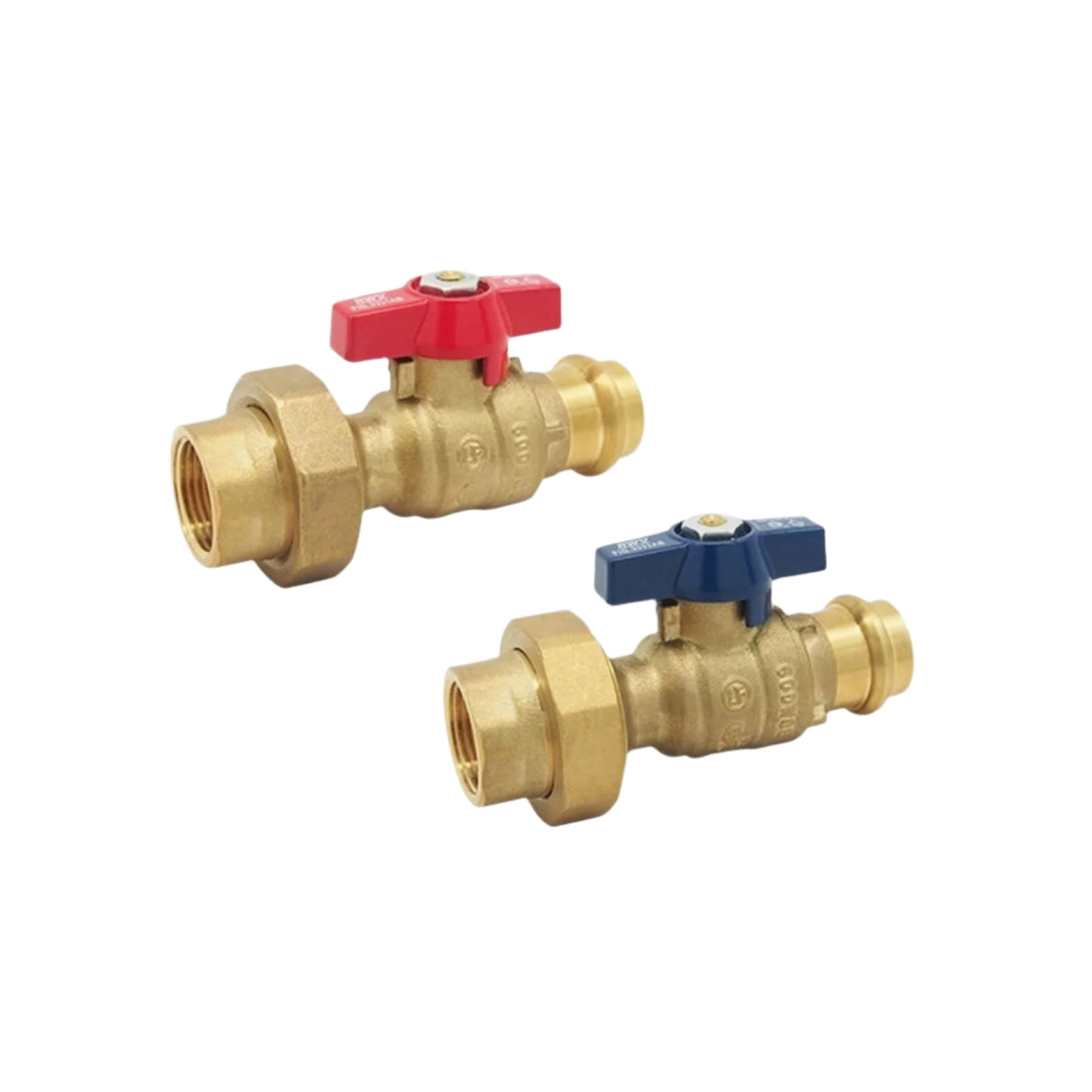 Two brass plumbing valves with a blue handle and a red handle, designed for water heater supply lines.