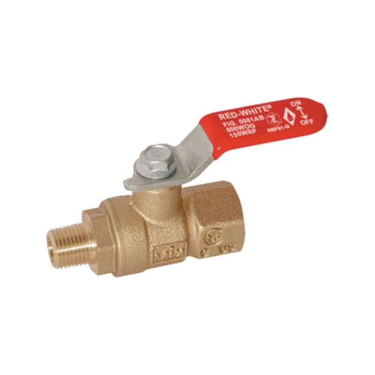 Mini ball valve from the 5081AB series with FNPT x MNPT connections and a red lever for easy operation.