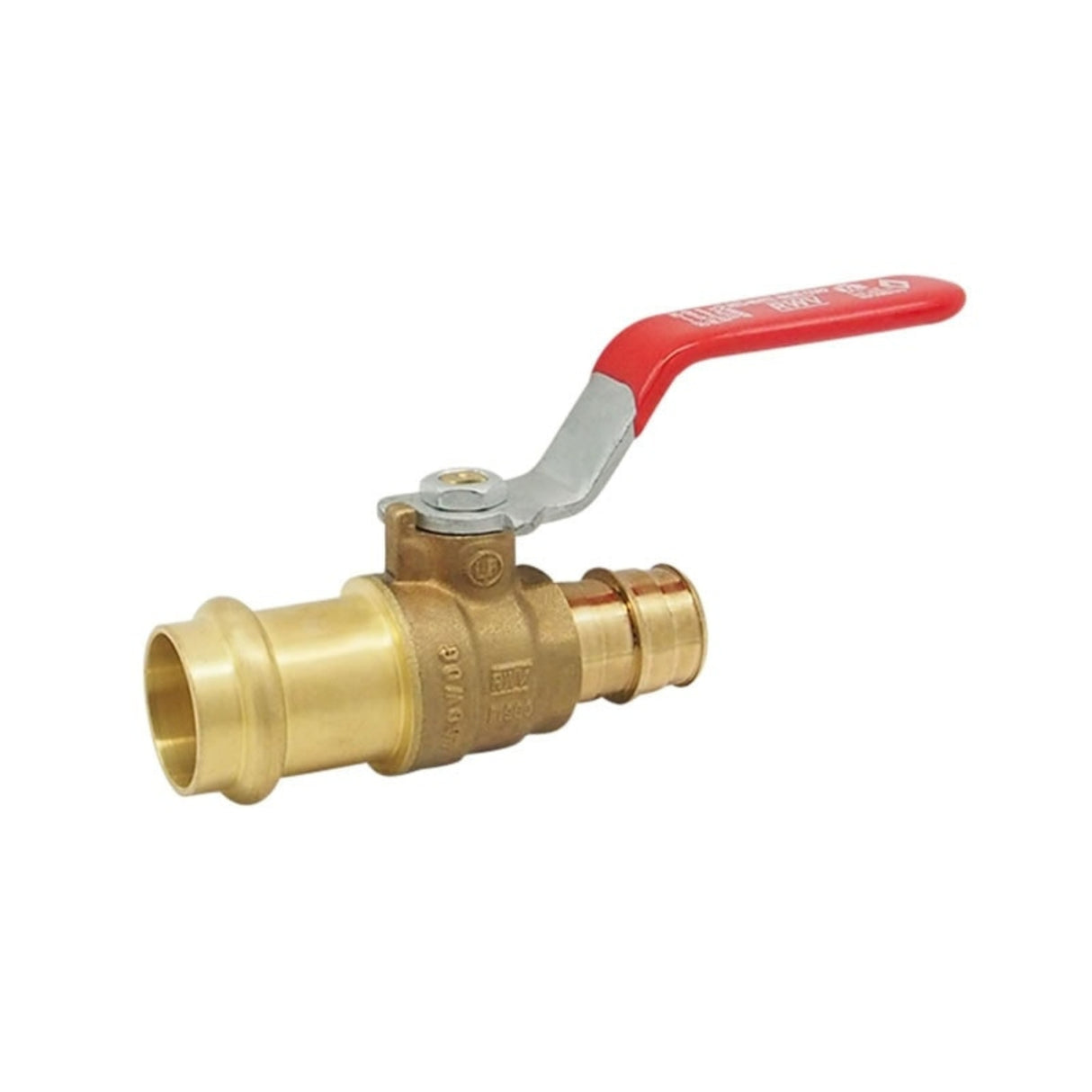 Hydronic ball valve from the 5014AB series with a barb and EzPress connection for efficient fluid control.