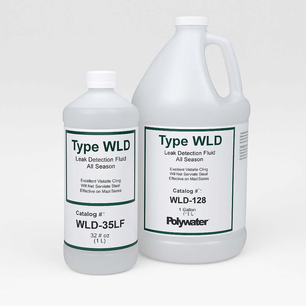 Polywater WLD Leak Detector Fluid bottles, showcasing a 1-gallon and a 32-ounce size for effective leak detection.