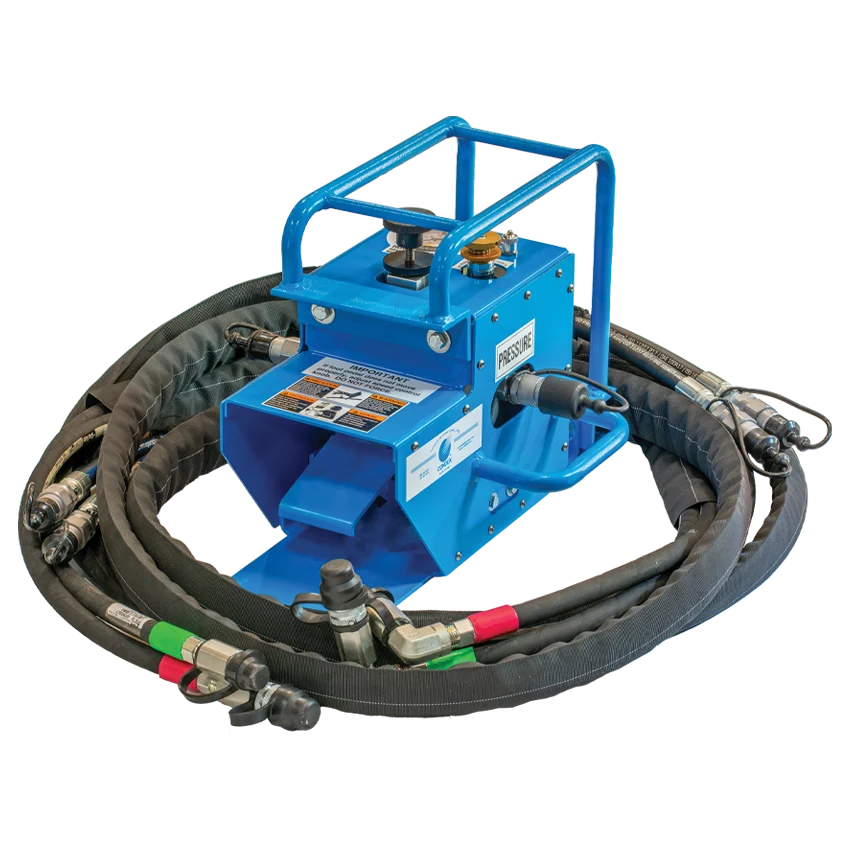 Blue Fiber Optic Cable Puller Foot Control with Coiled Hydraulic Hoses
